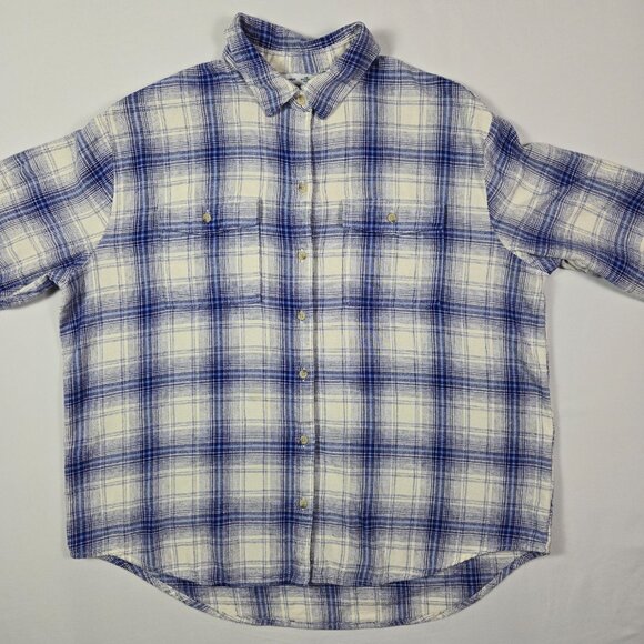 Old Navy Boyfriend Shirt L Blue White Plaid 100%‎ Cotton Flannel Oversized Fit - Picture 3 of 11